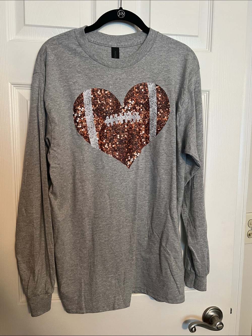 Women’s Gray Long-Sleeve Tee with Sequin Football Heart